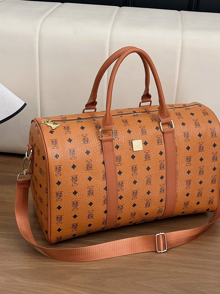 Classic Pattern Leather Travel Duffle Bag with Shoulder Strap
