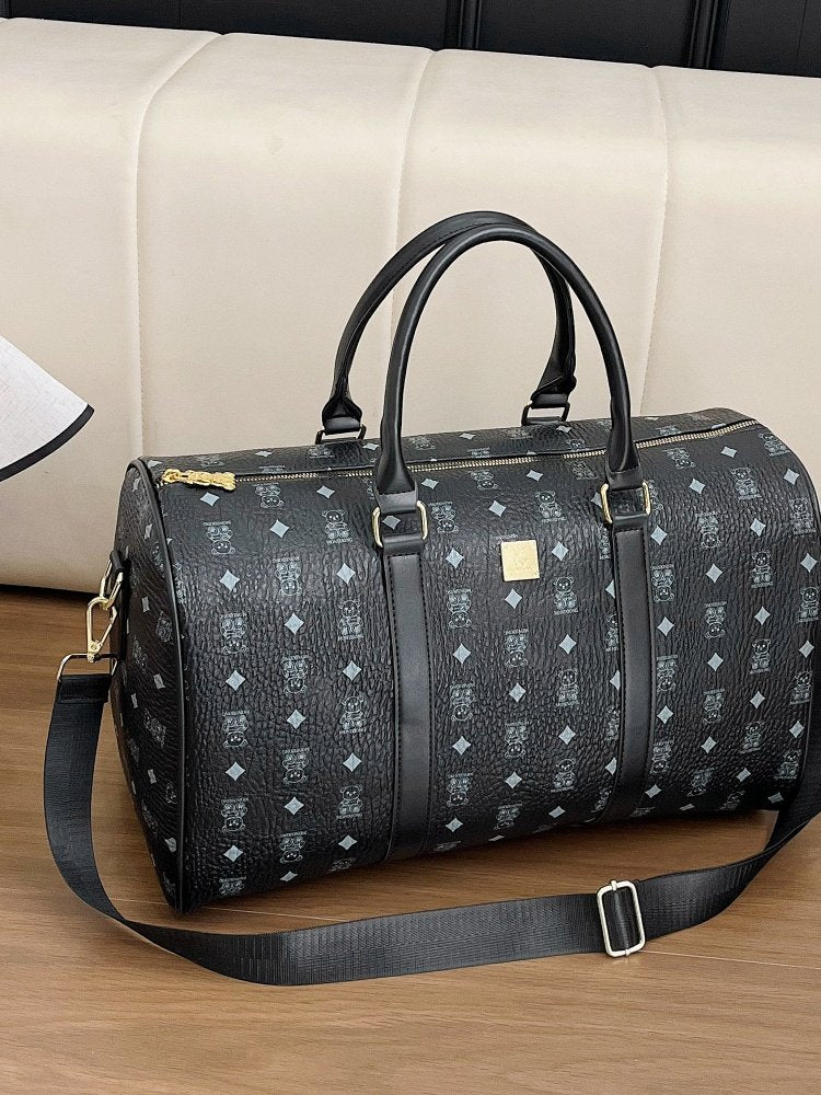 Classic Pattern Leather Travel Duffle Bag with Shoulder Strap