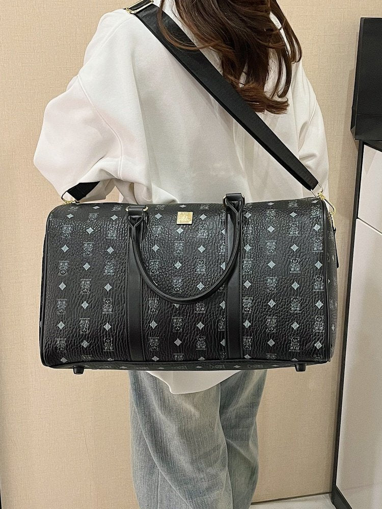 Classic Pattern Leather Travel Duffle Bag with Shoulder Strap