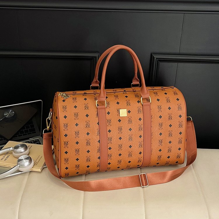 Classic Pattern Leather Travel Duffle Bag with Shoulder Strap