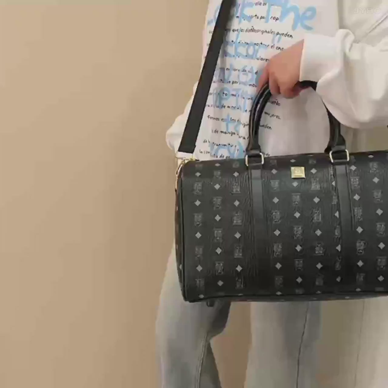 Classic Pattern Leather Travel Duffle Bag with Shoulder Strap